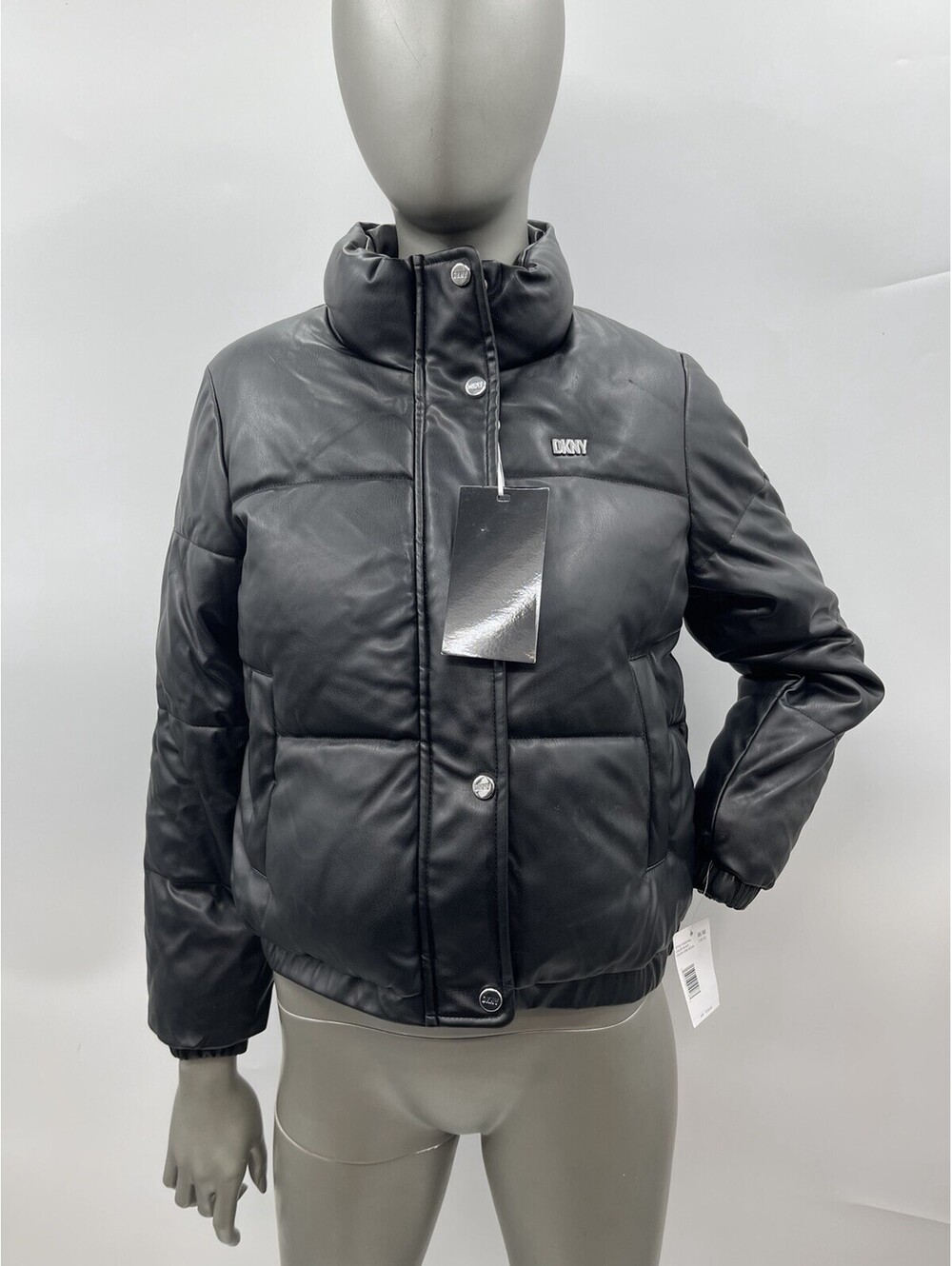 NWT Girls DKNY black faux-leather Full Zip puffer Black jacket Size M 10/12